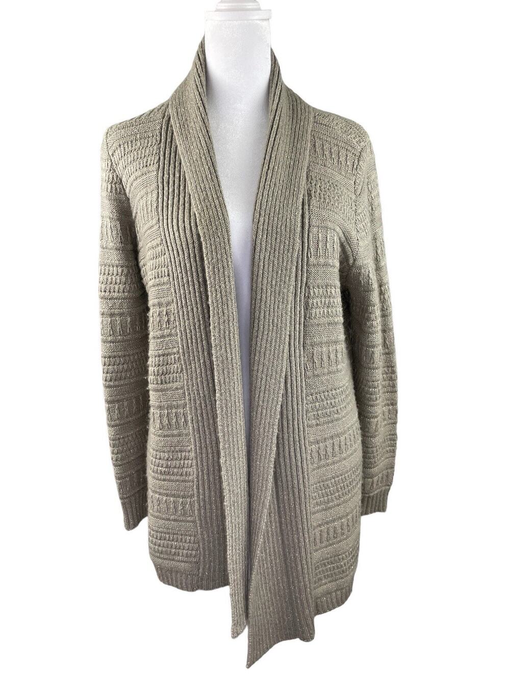 Chico's 1 (US M 8) Open Cardigan Sweater Beige Gold Metallic Long Sleeve Sparkle